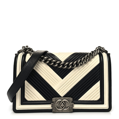 Chanel Calfskin Pleated Medium Boy In Rome Flap Black White 1 of 10