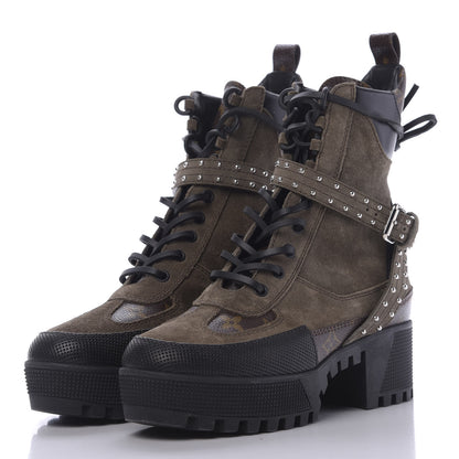 Louis Vuitton Suede Calfskin Monogram Laureate Platform Desert Boots 36.5 Kaki 3 of 9