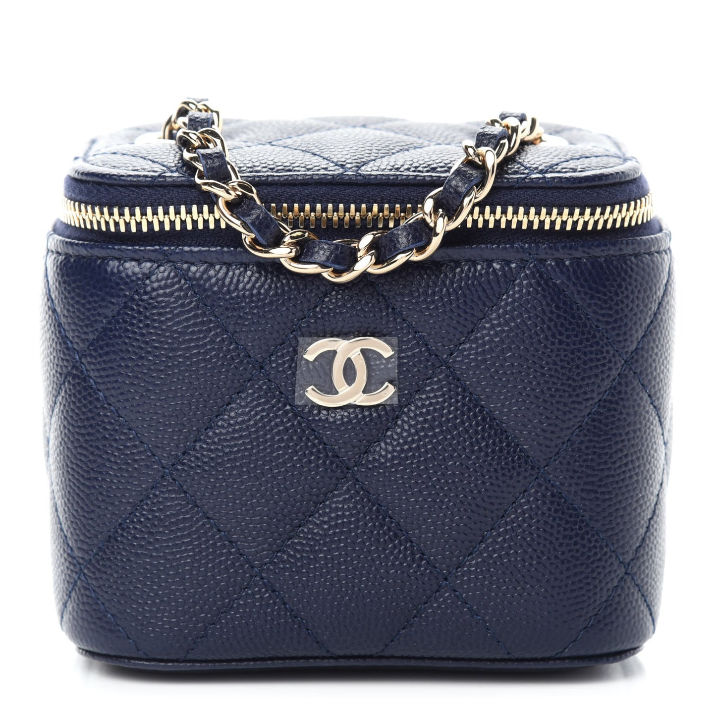 Caviar Quilted Mini Vanity Case With Chain Navy Blue