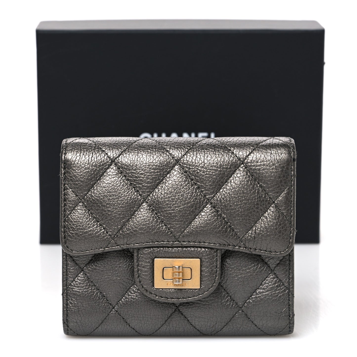 Metallic Calfskin Quilted Reissue Flap Card Holder Wallet Dark Grey