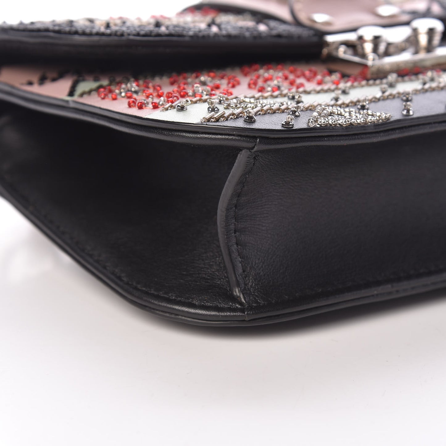 Vitello Embroidered Small Glam Lock Rockstud Flap Pink Black