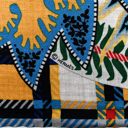 Hermes Cashmere Silk Paisley Blossom Shawl 140 Naturel Bleu Rouge 3 of 5