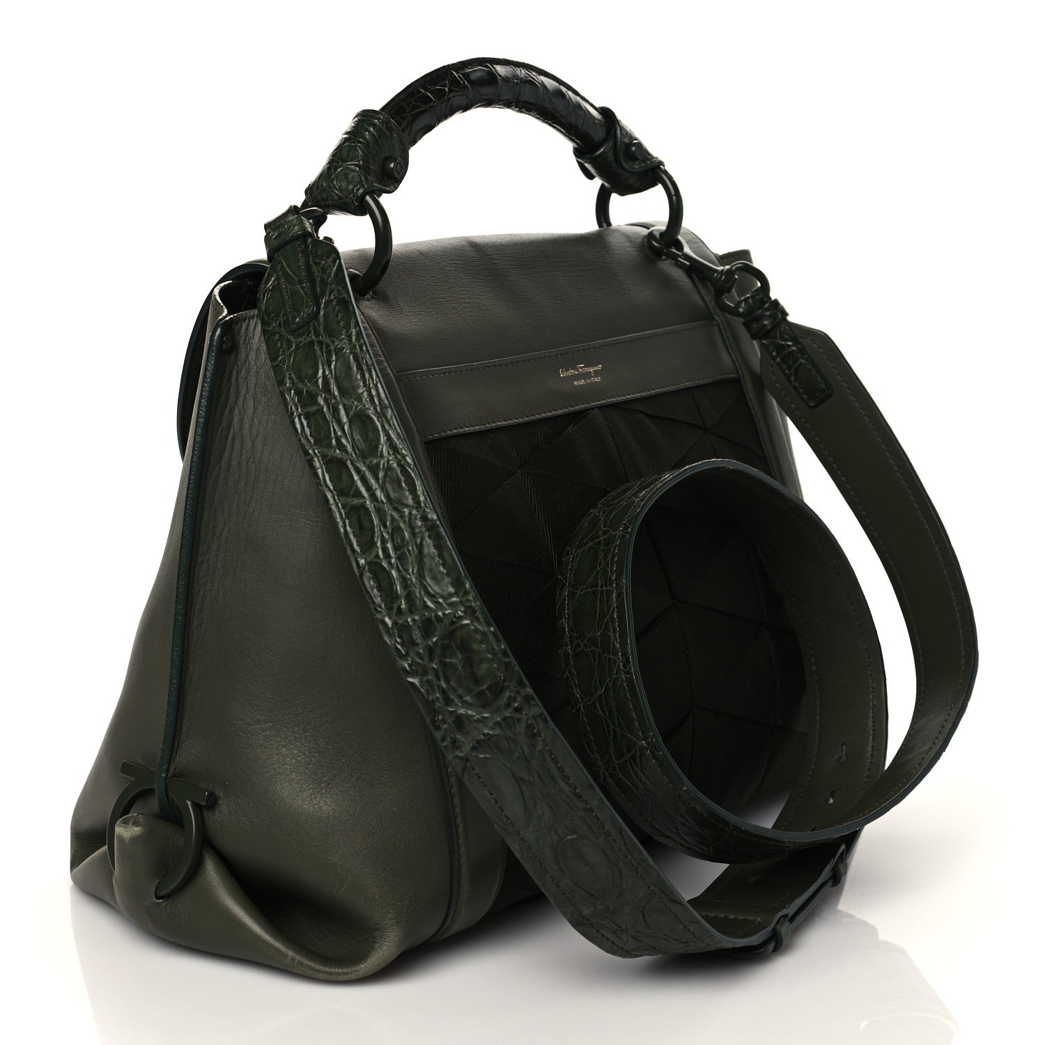 Salvatore Ferragamo Calfskin Alligator Pleated Soft Sofia Satchel Green 3 of 9