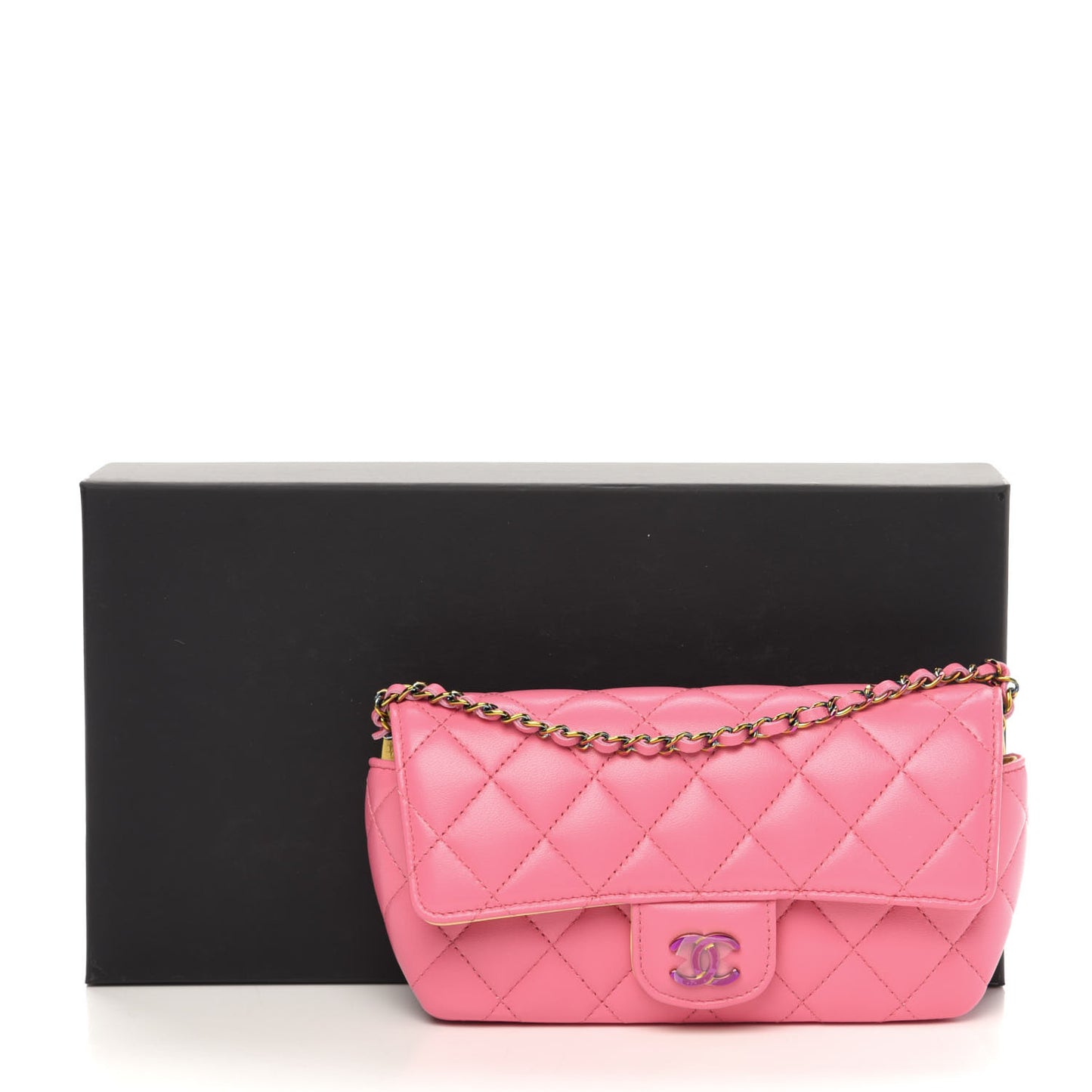 Lambskin Quilted Glasses Case With Chain Pink Yellow