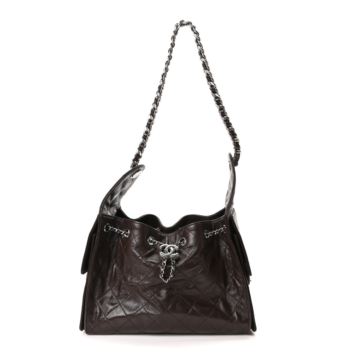 Shiny Crumpled Calfskin Quilted Small Chanel 25 Handbag Dark Brown
