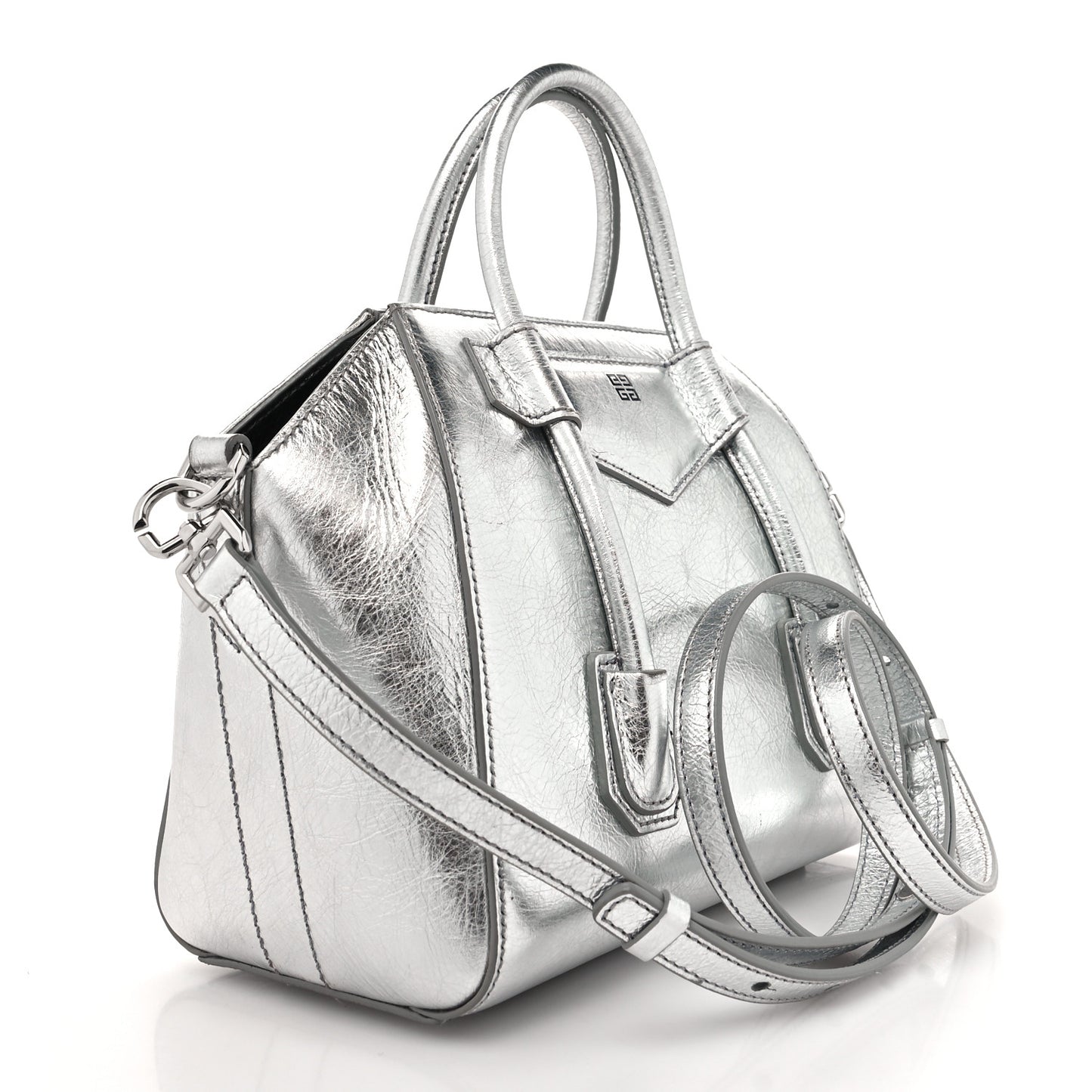 Metallic Lambskin Mini Lock Antigona Shoulder Bag Silver Grey