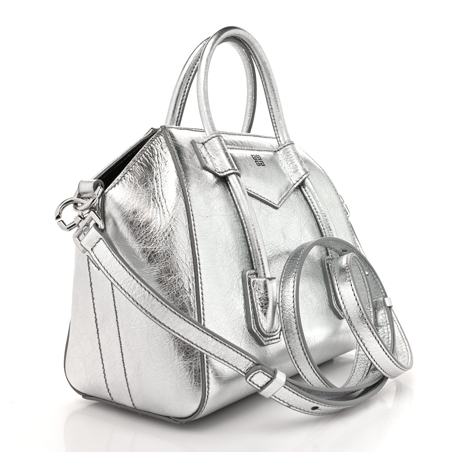 Givenchy Metallic Lambskin Mini Lock Antigona Shoulder Bag Silver Grey 3 of 12