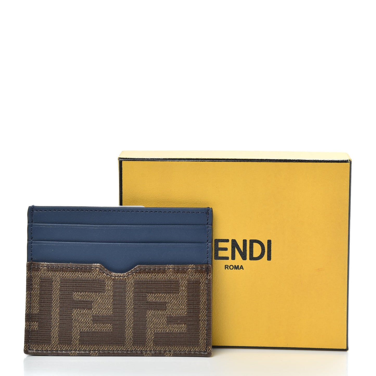 Vitello Century Glazed Fabric FF 1974 Card Holder Blu Scuro Mogano Panna