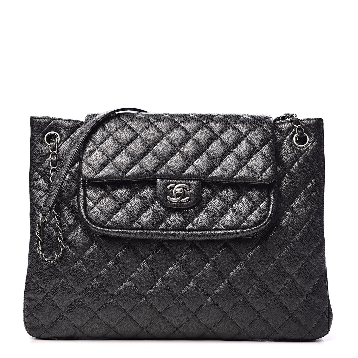 Caviar Quilted Flap Tote Dark Grey