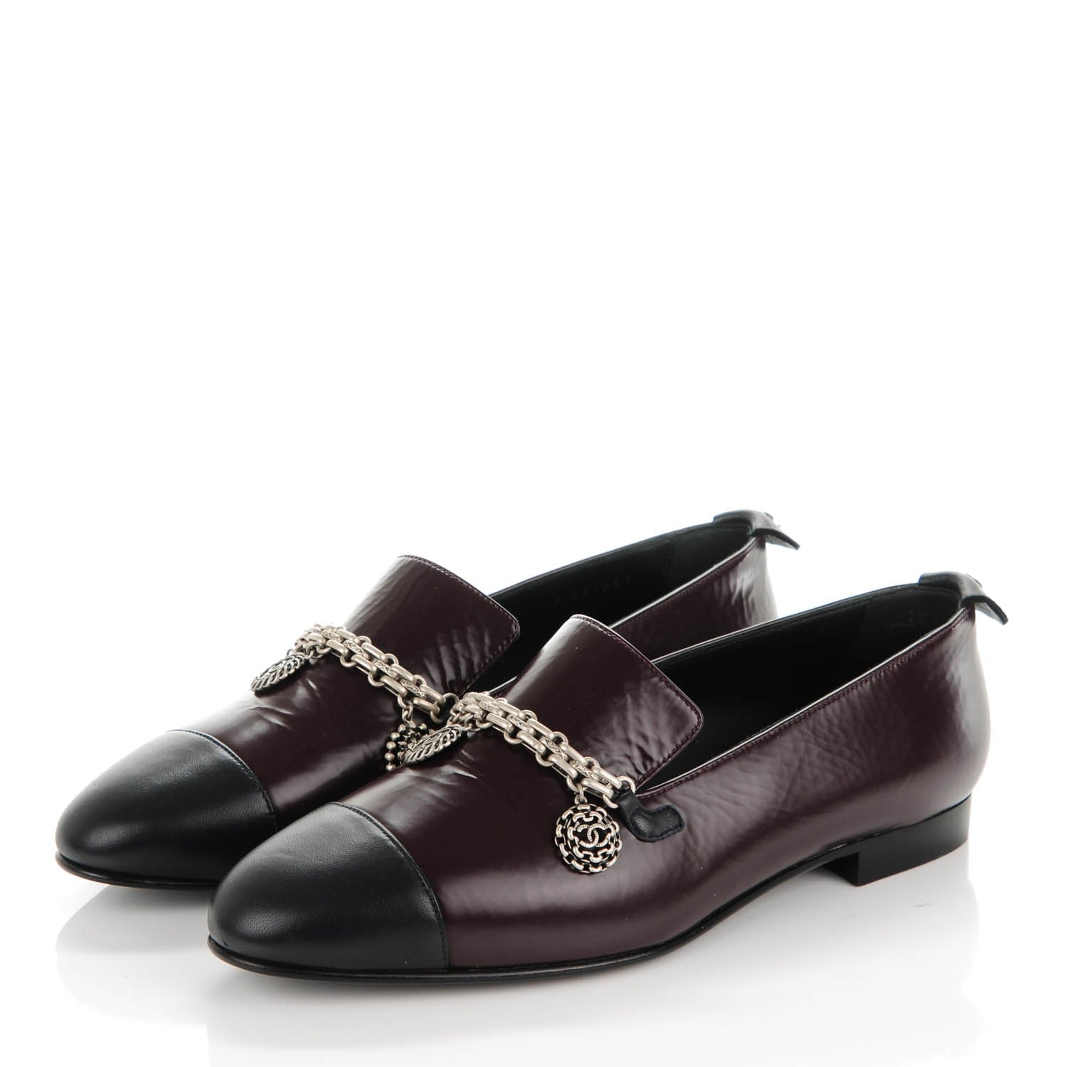 Chanel Crackled Goatskin Lambskin Cap Toe CC Charm Loafers 37.5 Dark Burgundy Navy 3 of 8