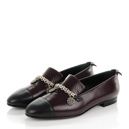 Chanel Crackled Goatskin Lambskin Cap Toe CC Charm Loafers 37.5 Dark Burgundy Navy 3 of 8
