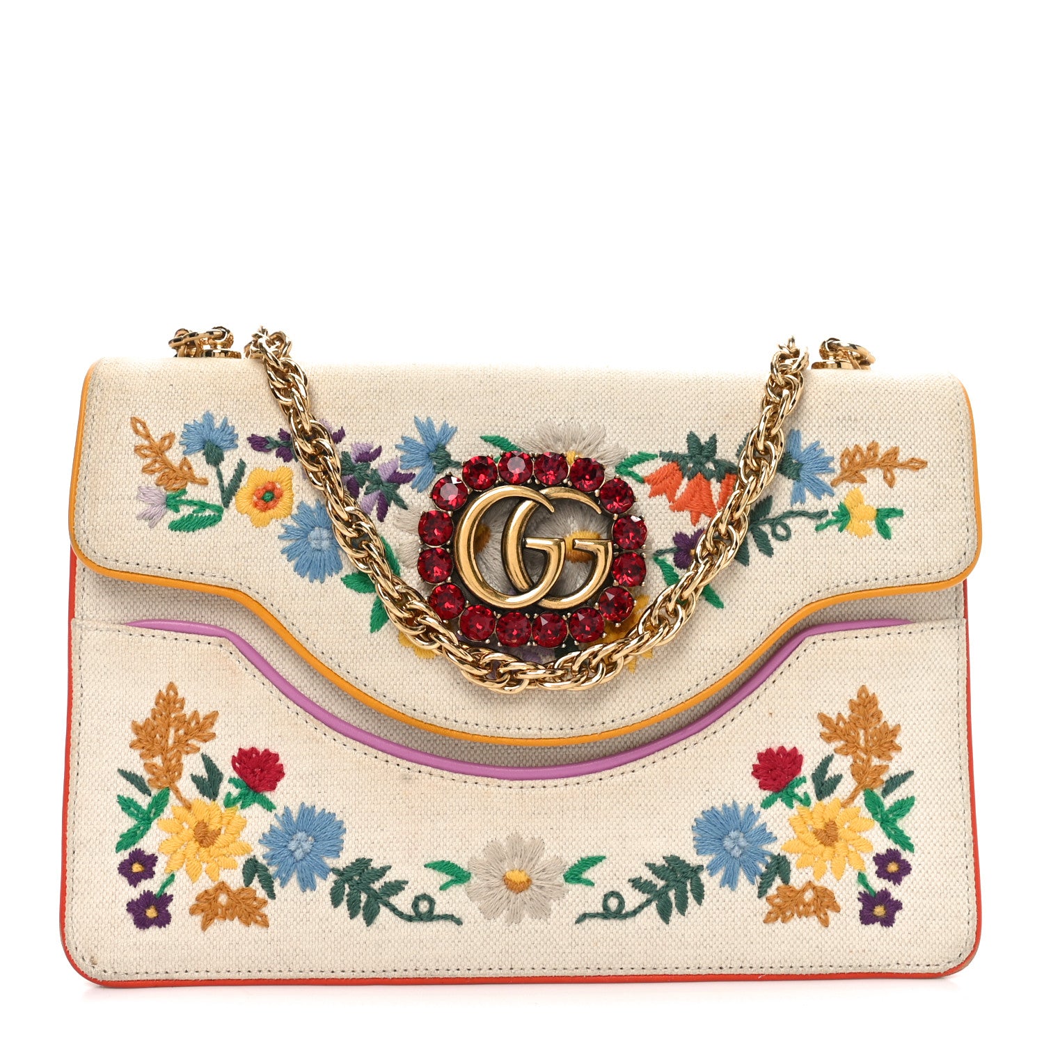 Gucci Linen Canvas Embroidered Small Shoulder Bag White 1 of 10