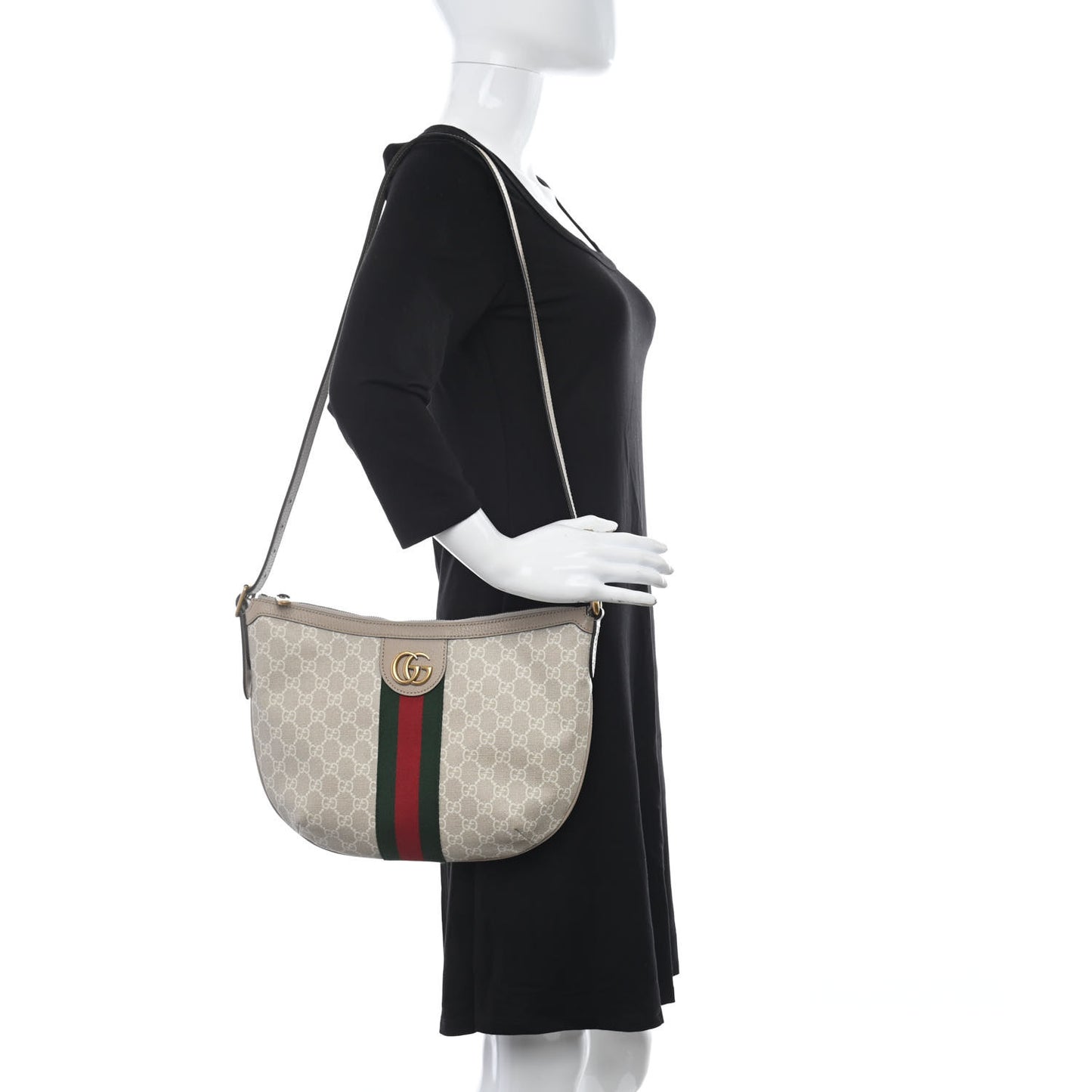 GG Supreme Monogram Textured Dollar Calfskin Web Small Ophidia Half Moon Hobo Beige Mystic White Oatmeal