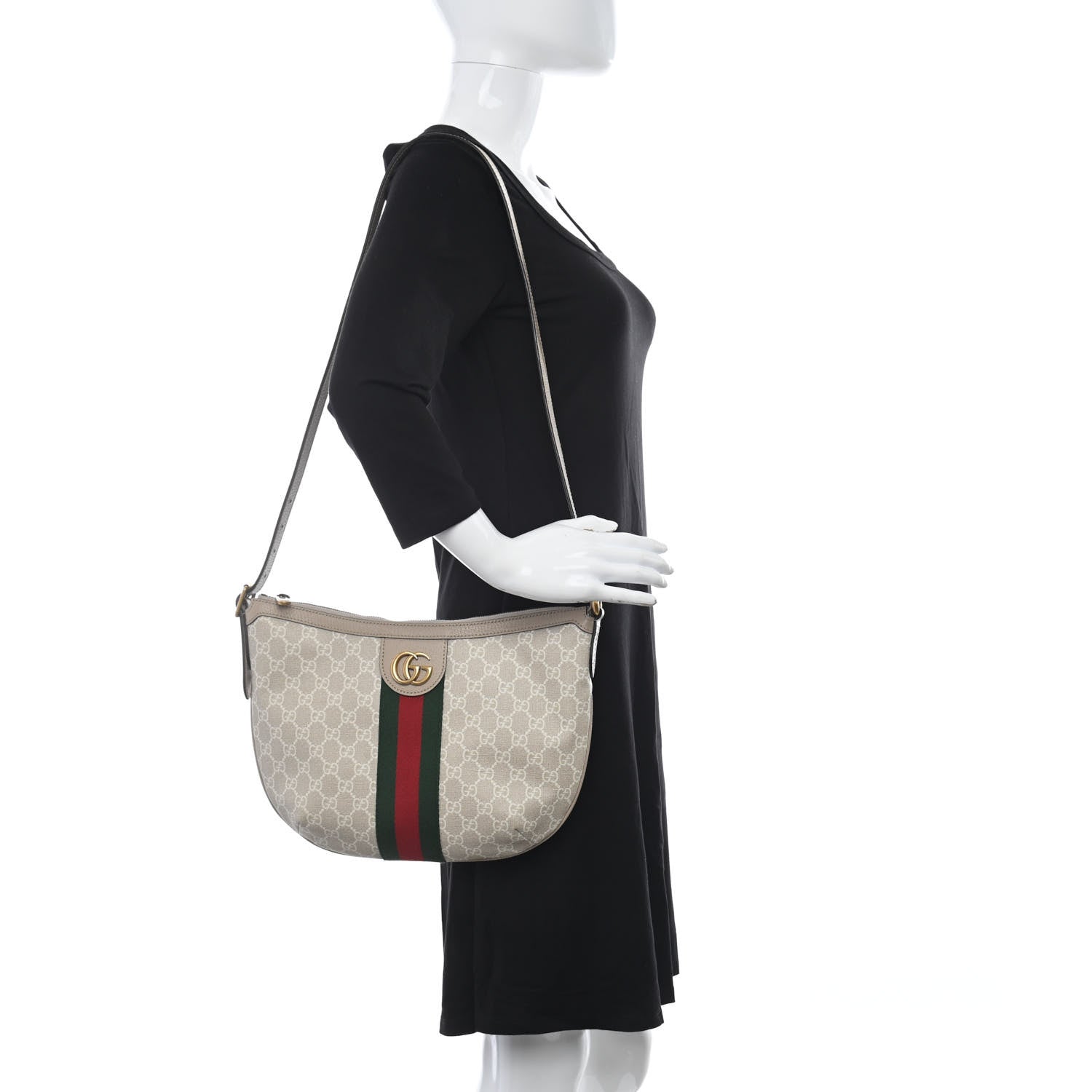 Gucci GG Supreme Monogram Textured Dollar Calfskin Web Small Ophidia Half Moon Hobo Beige Mystic White Oatmeal 2 of 11