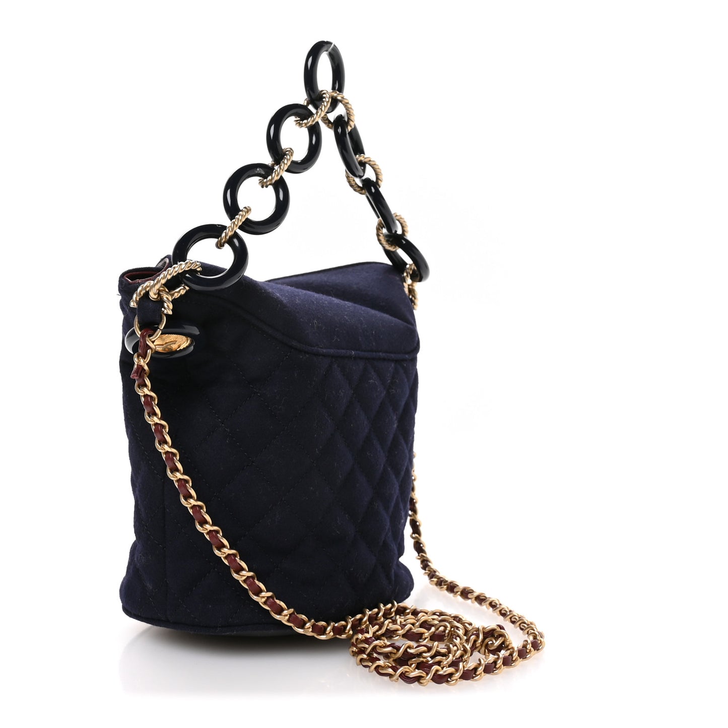 Felt Quilted Paris Hamburg Charms Drawstring Bucket Bag Dark Navy