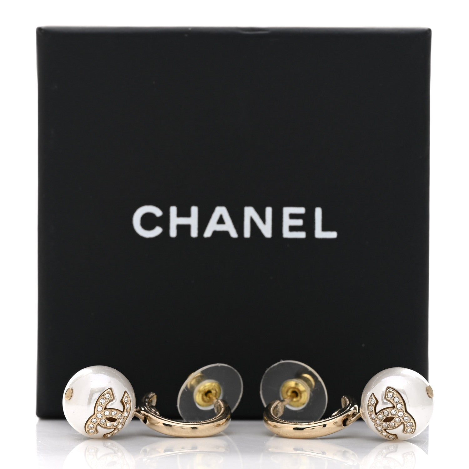 Chanel Pearl Crystal CC Drop Earrings Gold Pearly White 5 of 5