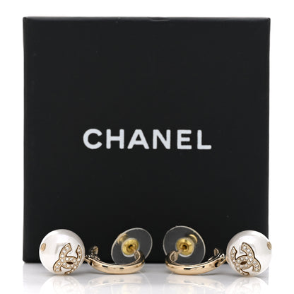 Chanel Pearl Crystal CC Drop Earrings Gold Pearly White 5 of 5
