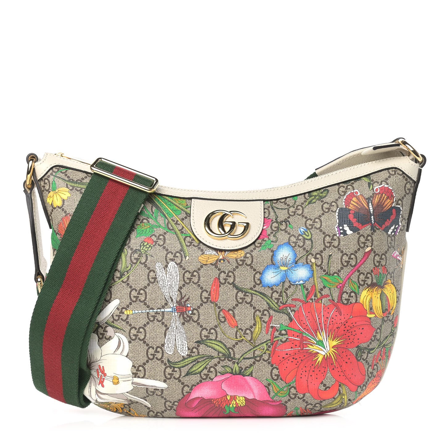 GG Supreme Monogram Flora Web Small Ophidia Half Moon Hobo White