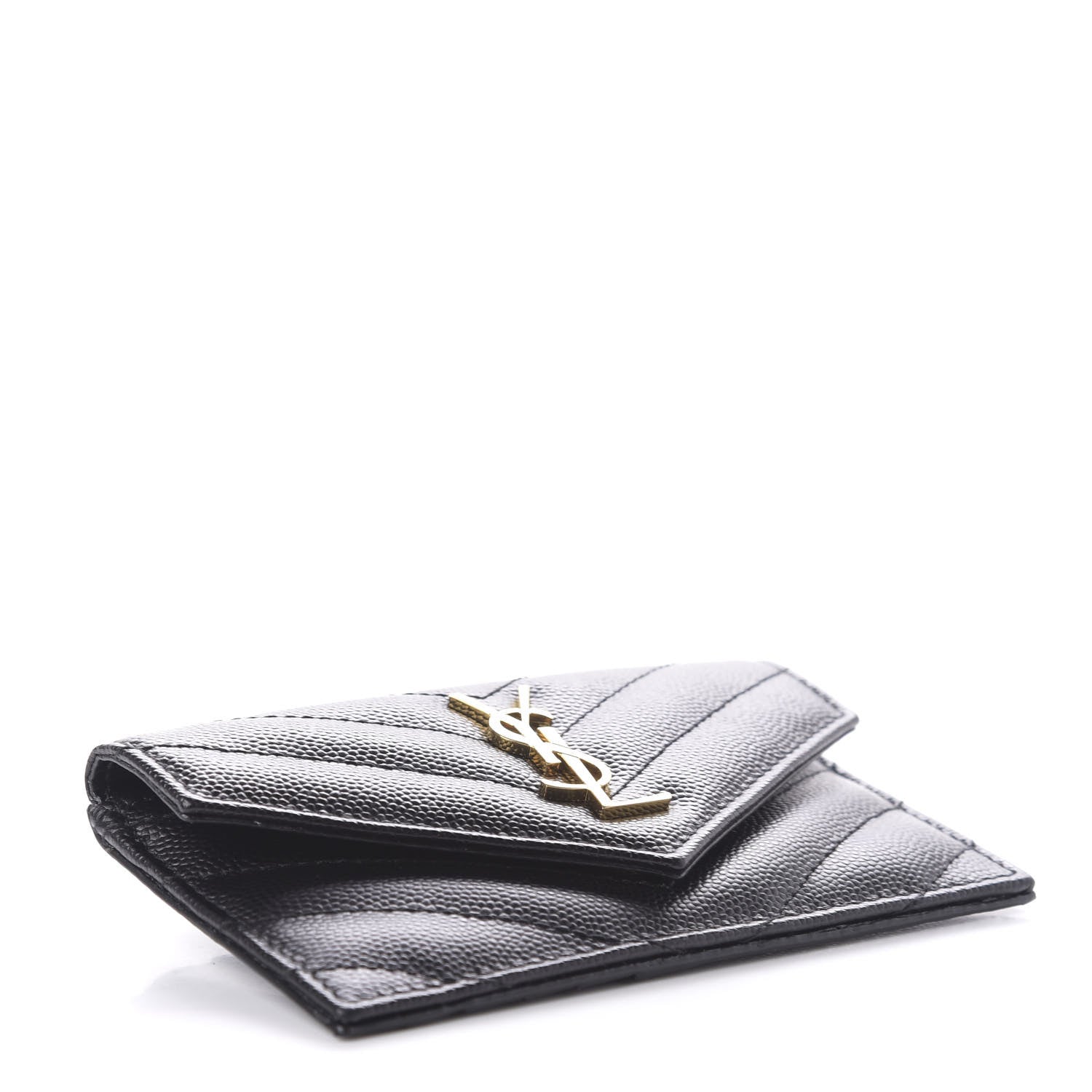 Saint Laurent Grain De Poudre Matelasse Chevron Monogram Compact Wallet Black 4 of 7