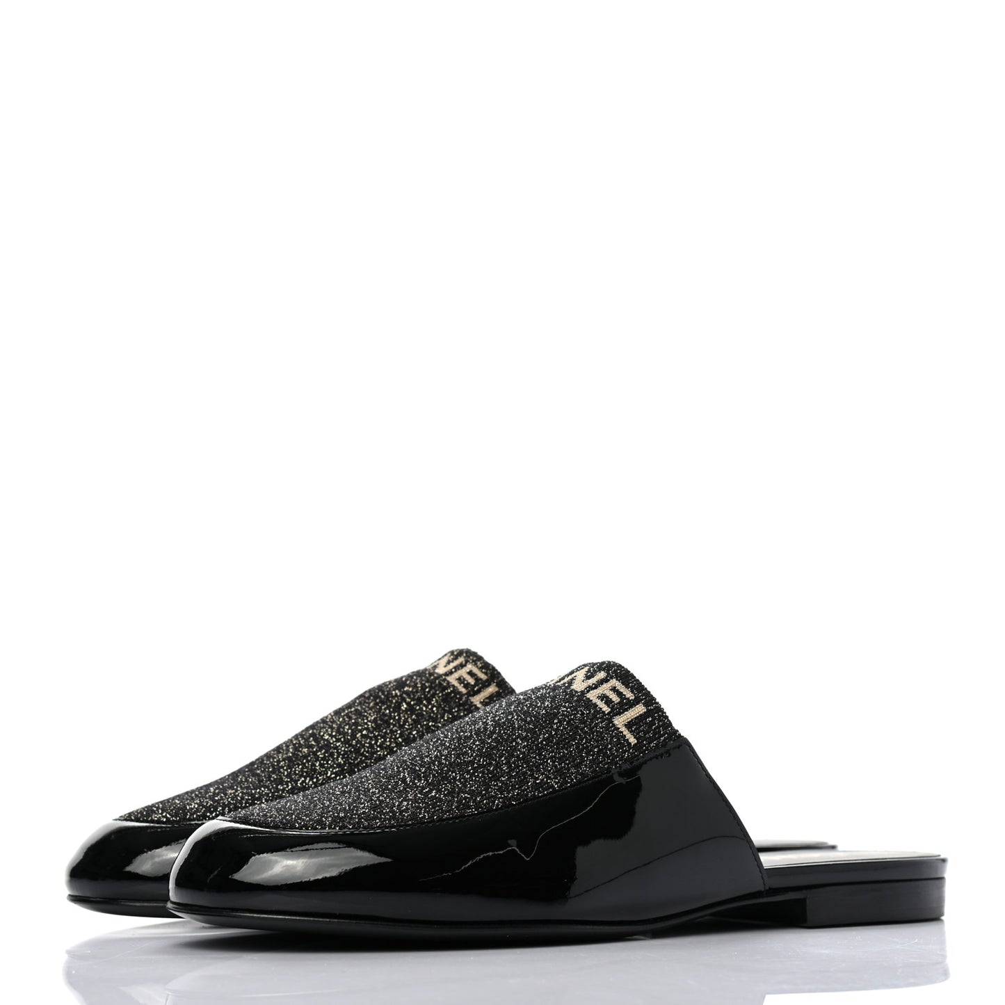Fabric Patent Calfskin Mules 36.5 Black Gold