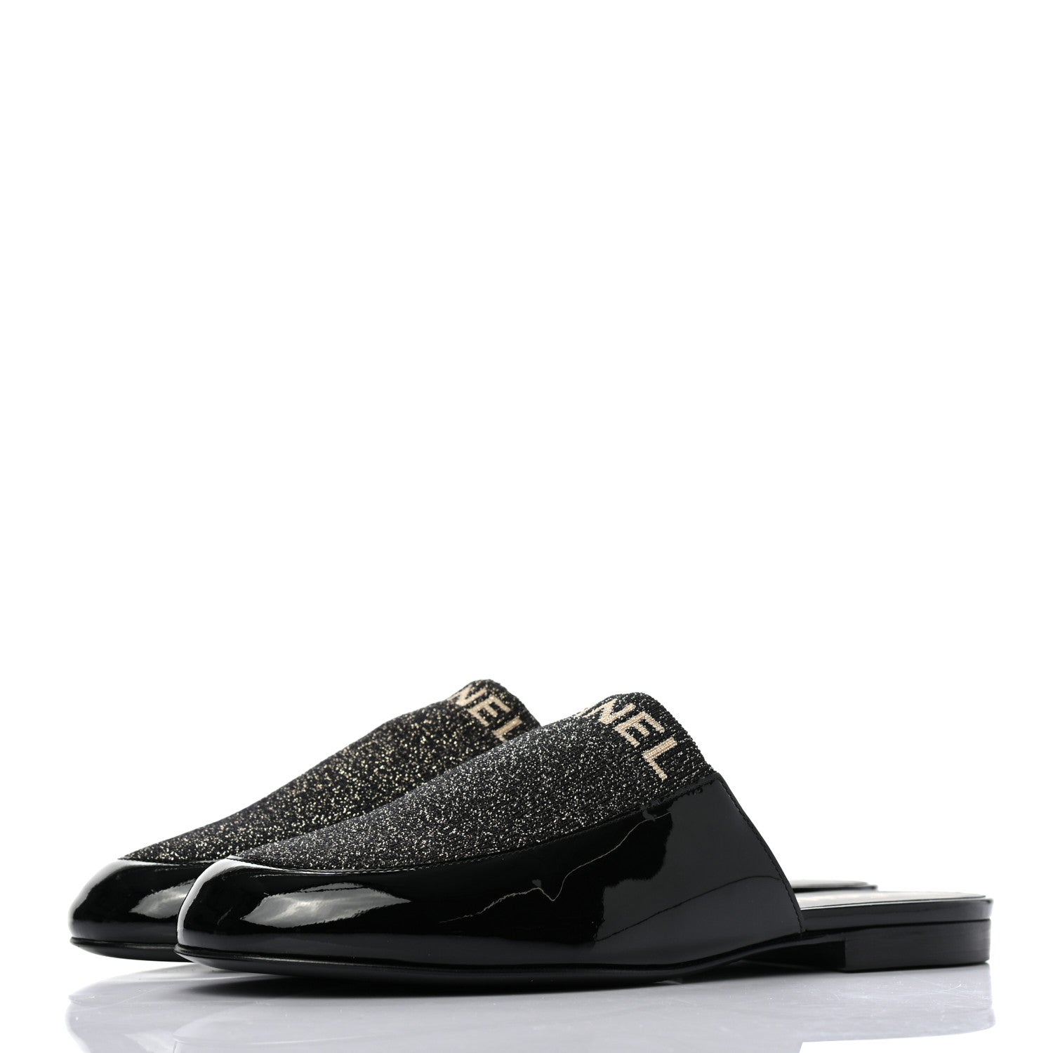 Chanel Fabric Patent Calfskin Mules 36.5 Black Gold 3 of 8