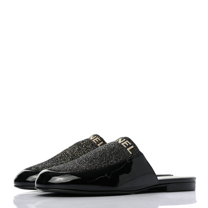 Chanel Fabric Patent Calfskin Mules 36.5 Black Gold 3 of 8