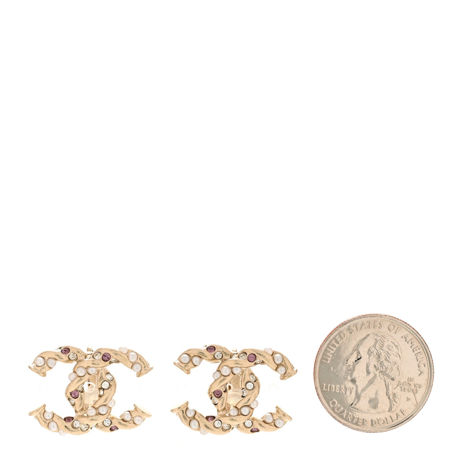 Chanel Metal Pearl Crystal Twisted CC Clip On Earrings Light Gold White Pink 2 of 4
