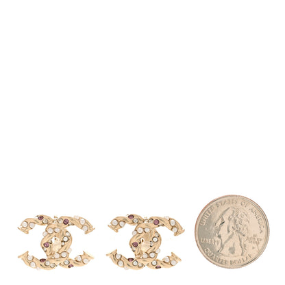 Chanel Metal Pearl Crystal Twisted CC Clip On Earrings Light Gold White Pink 2 of 4