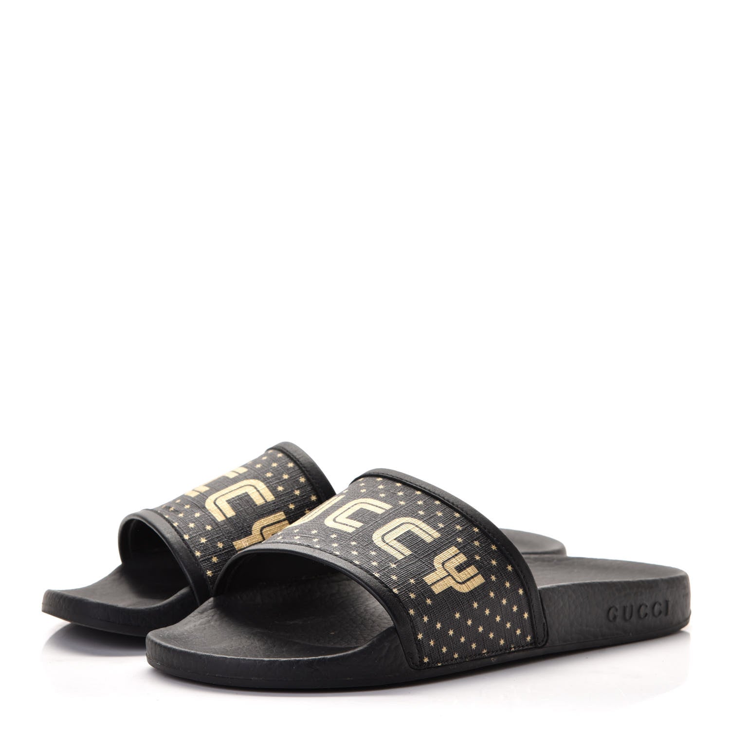 Gucci X SEGA Supreme Canvas GUCCY Stars Womens Slide Sandals 38 Black Gold 2 of 7