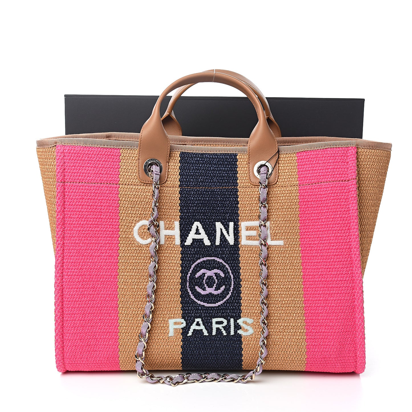 Straw Raffia Calfskin Striped Medium Deauville Tote Dark Beige Fuchsia Navy Blue