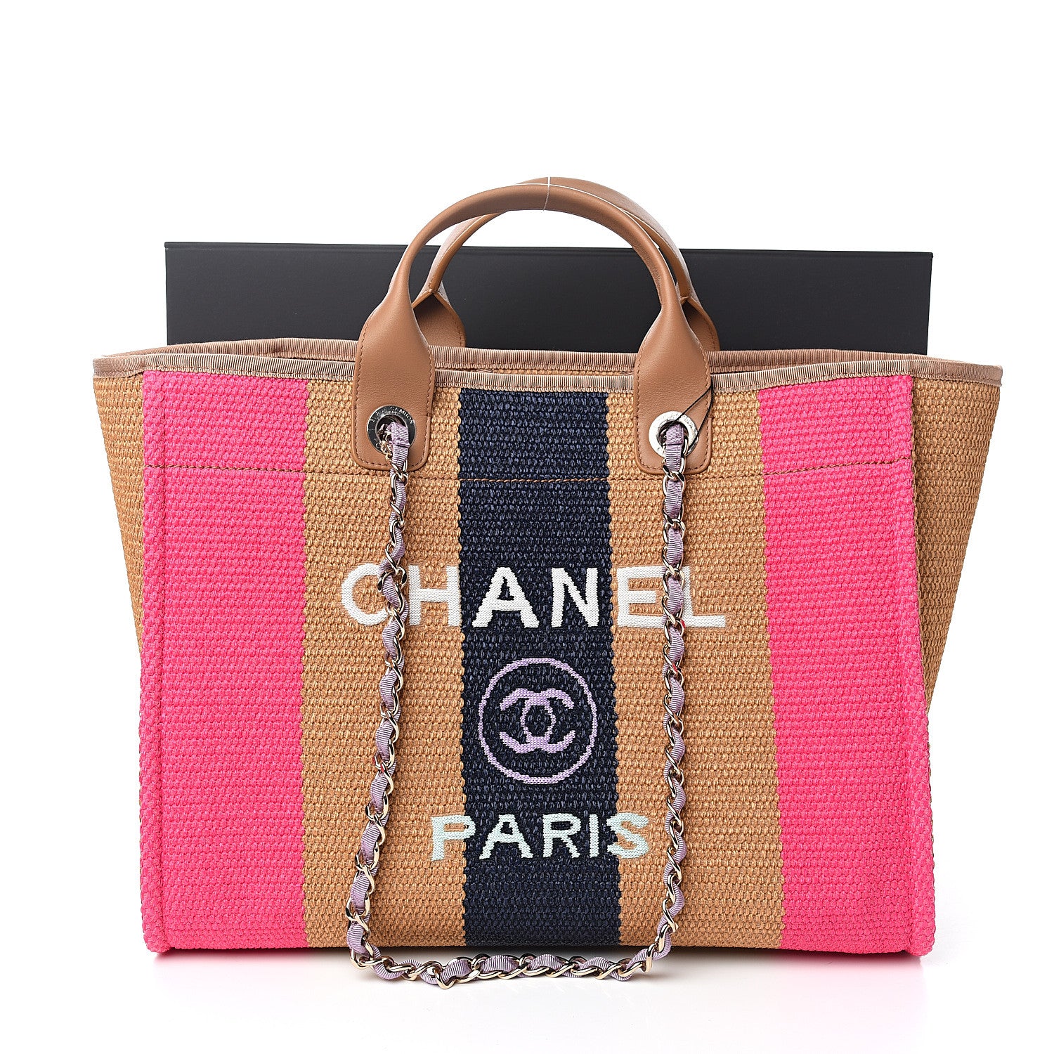 Chanel Straw Raffia Calfskin Striped Medium Deauville Tote Dark Beige Fuchsia Navy Blue 10 of 10