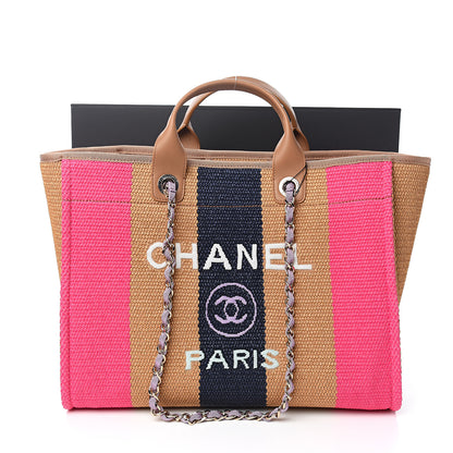 Chanel Straw Raffia Calfskin Striped Medium Deauville Tote Dark Beige Fuchsia Navy Blue 10 of 10
