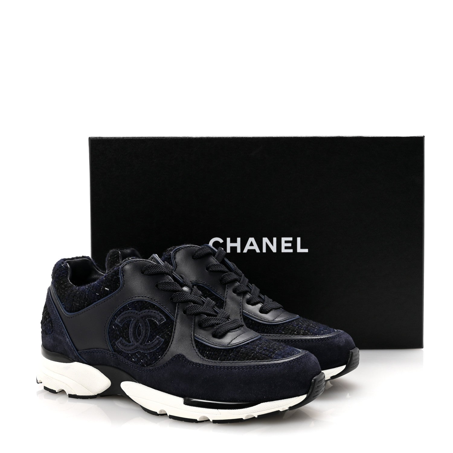 Chanel Tweed Suede Womens CC Sneakers 38 Black Blue 9 of 9