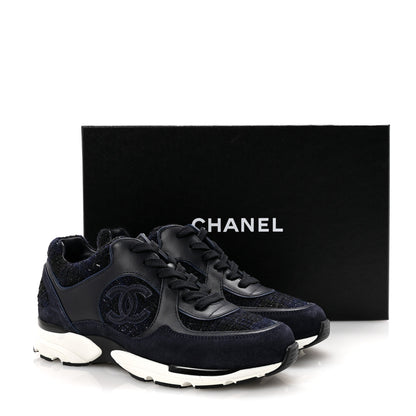Chanel Tweed Suede Womens CC Sneakers 38 Black Blue 9 of 9