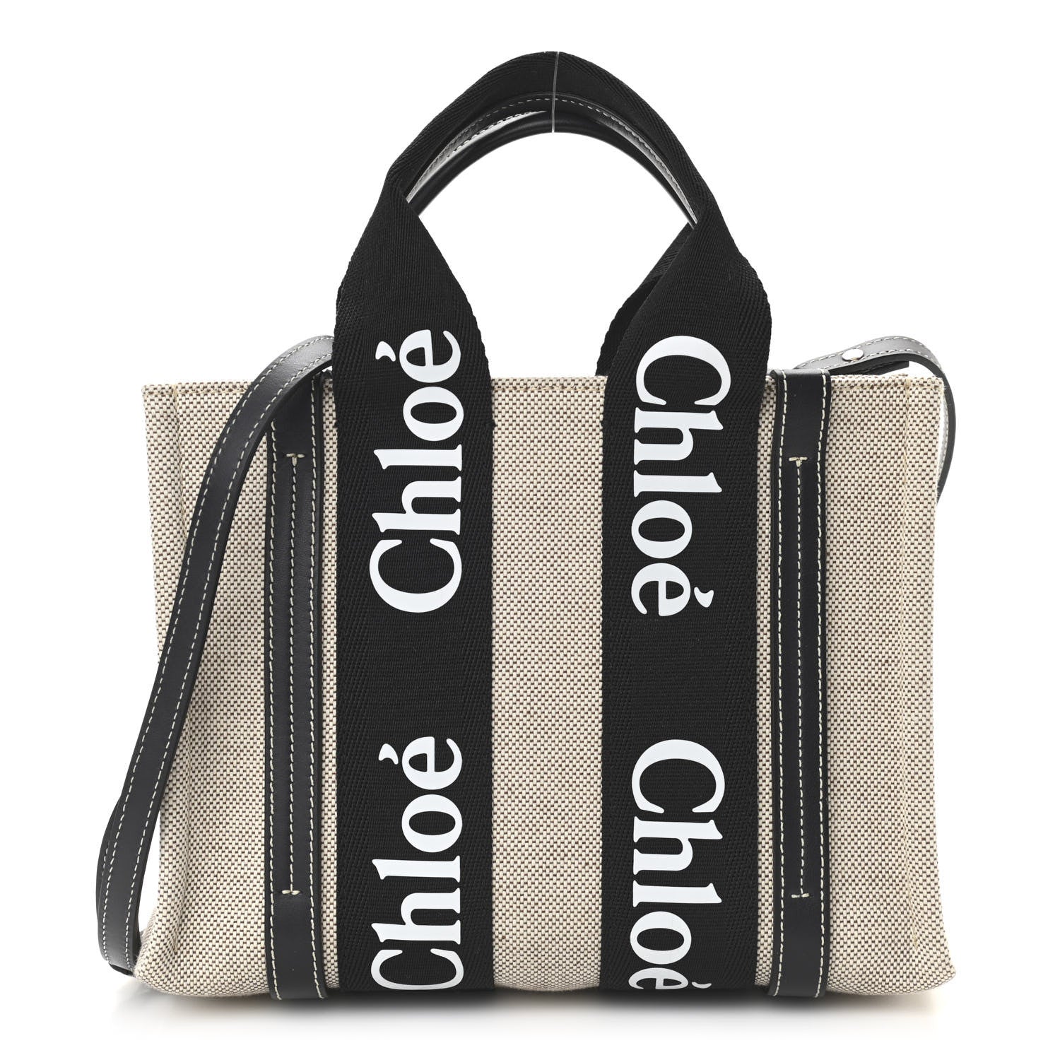 Chloe Cotton Calfskin Small Woody Ribbon Tote With Strap Black Blue 1 of 11