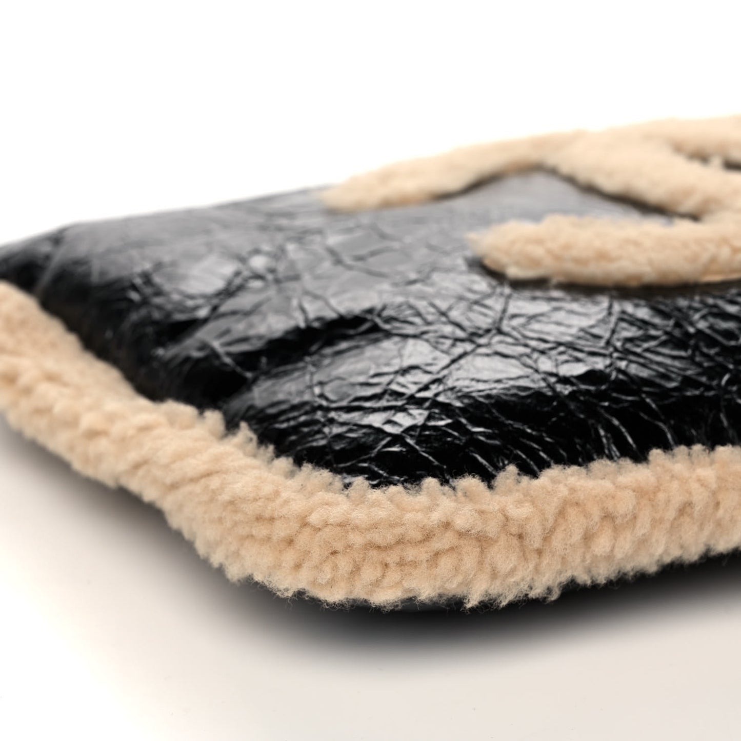 Shiny Crumpled Sheepskin Shearling CC Mania Zip Pouch Black Beige