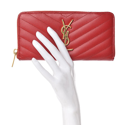 Saint Laurent Grain De Poudre Matelasse Chevron Monogram Zip Around Wallet Bandana Red 2 of 7