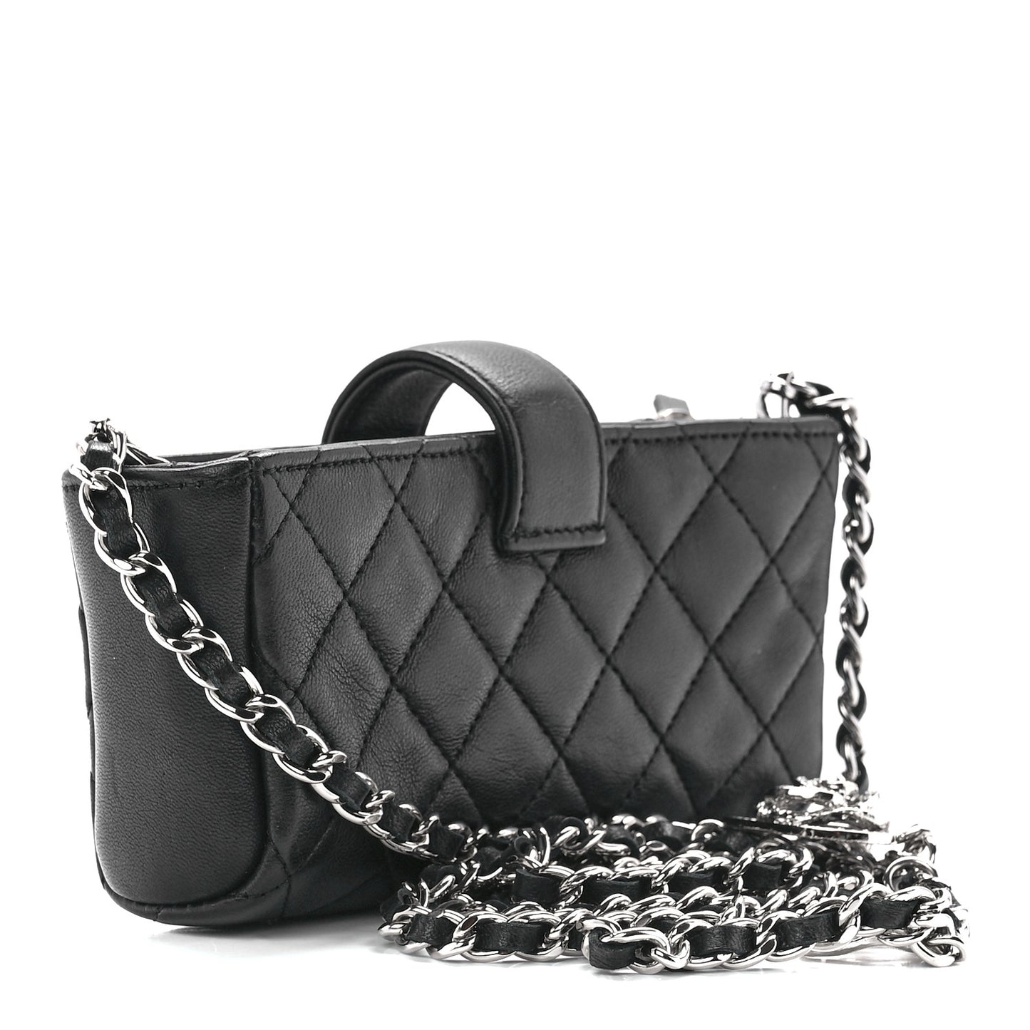 Lambskin Quilted Crystal Valentine Charms Mini Phone Holder Crossbody Bag Black