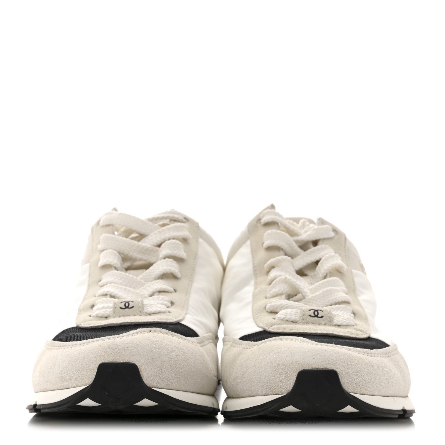 Chanel Nylon Suede Kidskin Calfskin Logo Sneakers 37.5 White Black 3 of 10