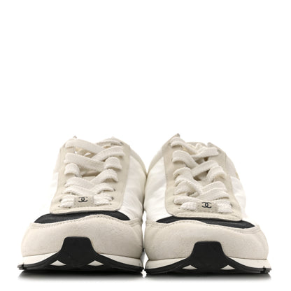 Chanel Nylon Suede Kidskin Calfskin Logo Sneakers 37.5 White Black 3 of 10