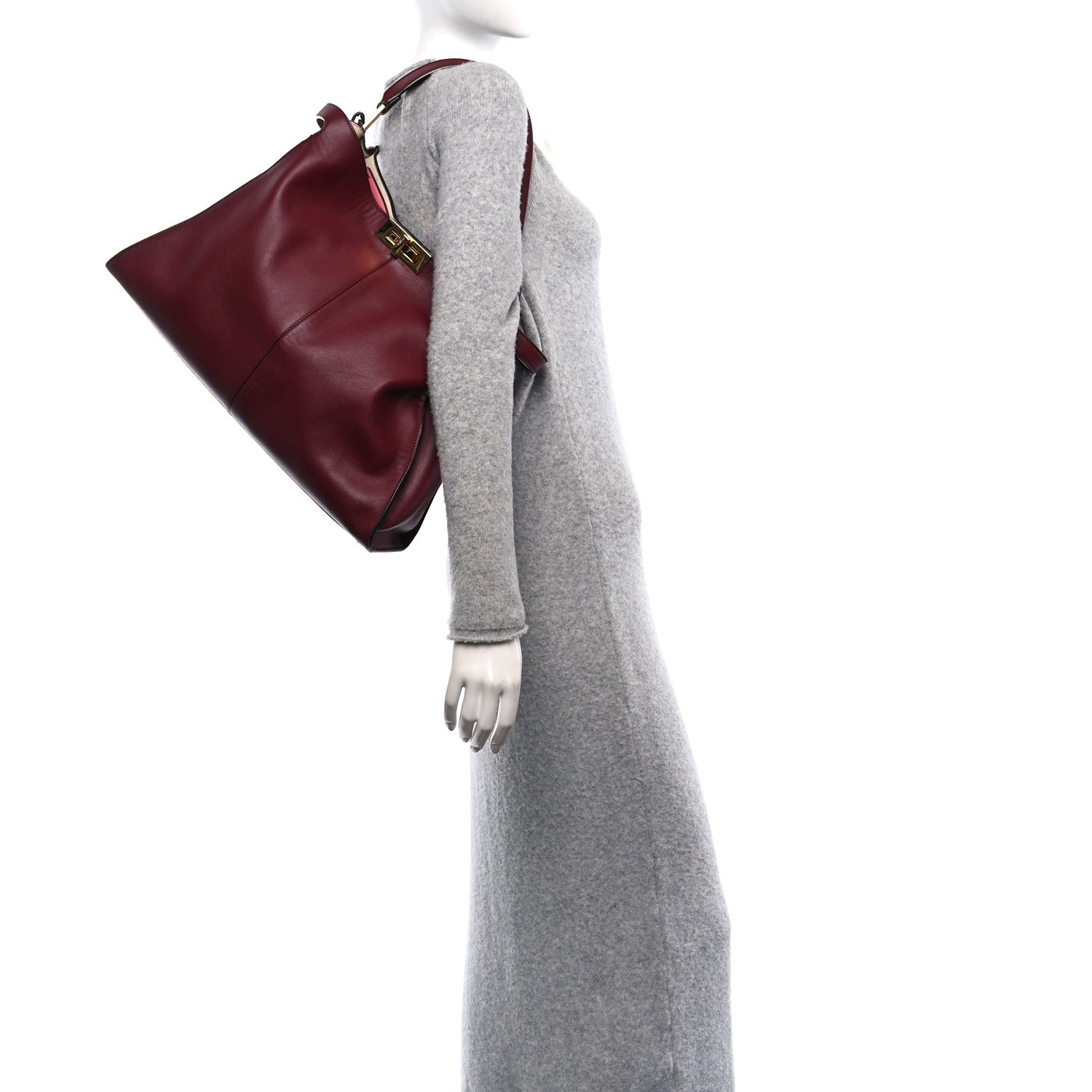 Fendi Vitello Seta Glazed Fabric FF 1974 Large Peekaboo X-Lite Barolo Mogano Panna 2 of 12