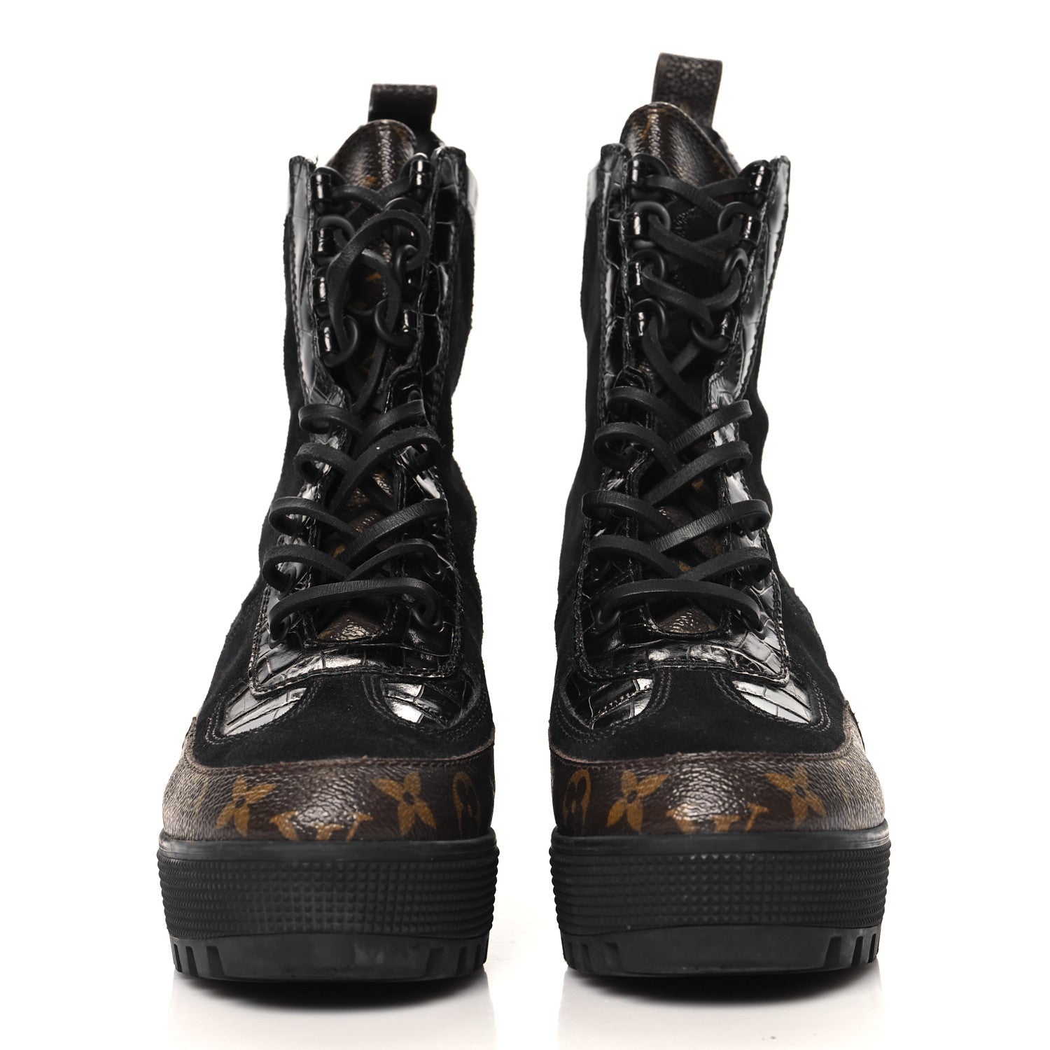 Louis Vuitton Suede Calfskin Crocodile Embossed Patent Monogram Laureate Platform Desert Boots 38 Black 3 of 10