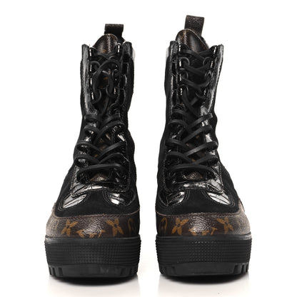 Louis Vuitton Suede Calfskin Crocodile Embossed Patent Monogram Laureate Platform Desert Boots 38 Black 3 of 10