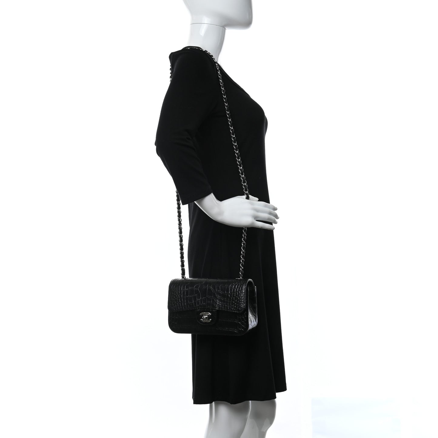 Calfskin Crocodile Embossed Cocodile Rectangular Mini Flap Black