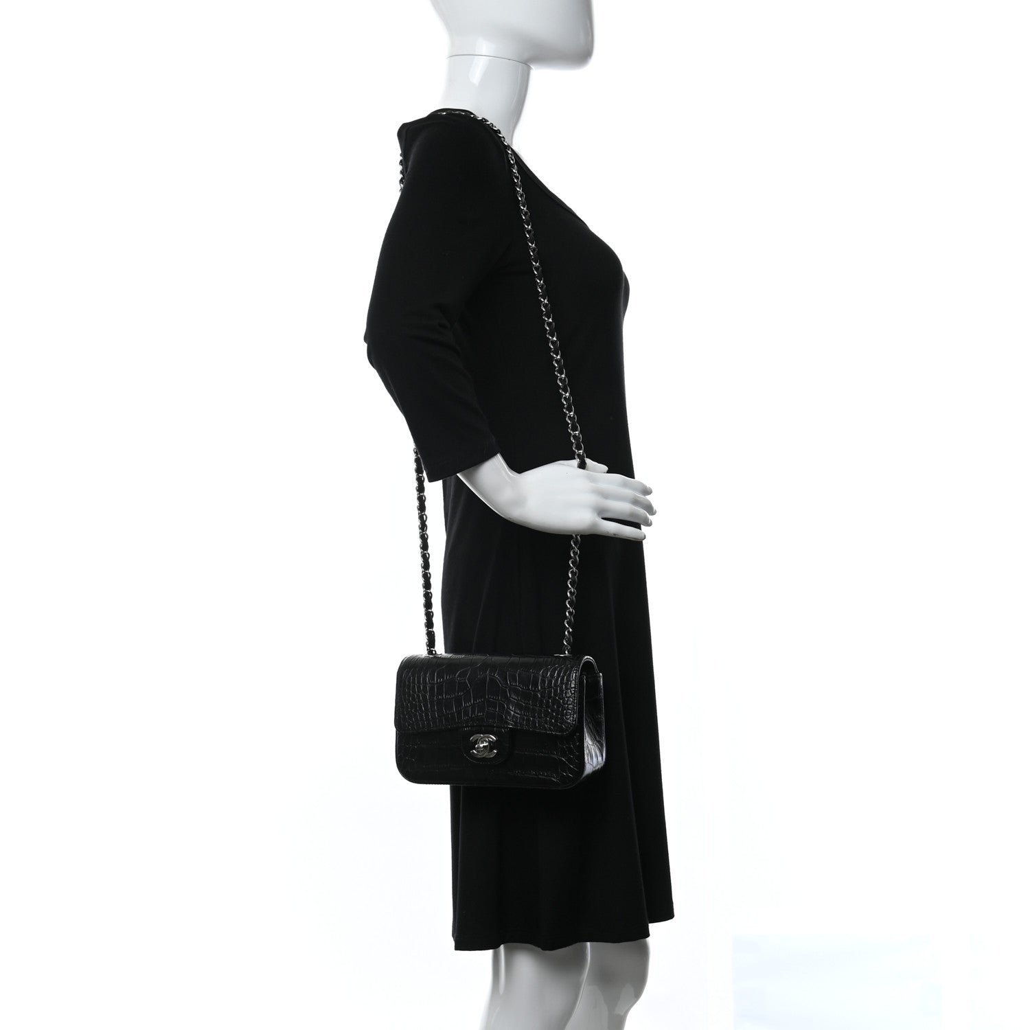 Chanel Calfskin Crocodile Embossed Cocodile Rectangular Mini Flap Black 2 of 8