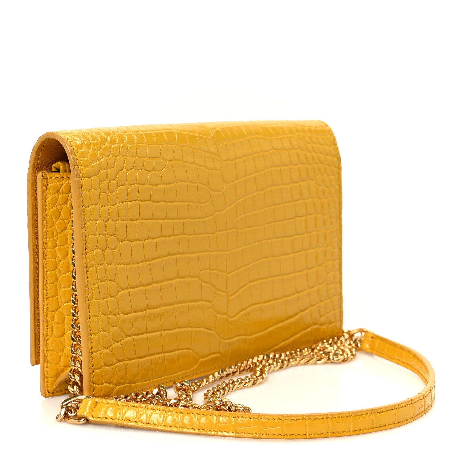 Saint Laurent Calfskin Crocodile Embossed Kate Monogram Tassel Chain Wallet Saffron 3 of 9