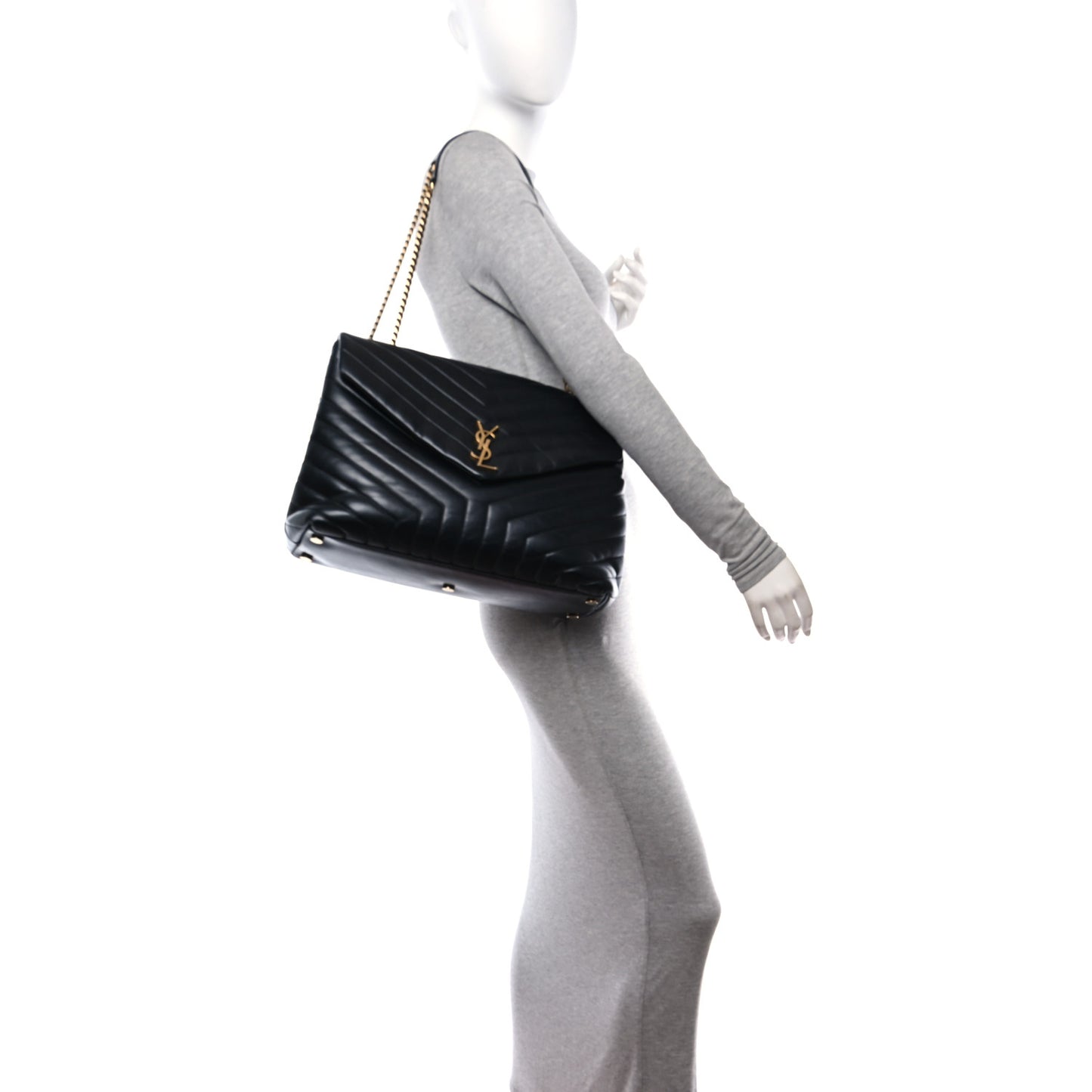 Calfskin Y Quilted Monogram Large Loulou Chain Satchel Black