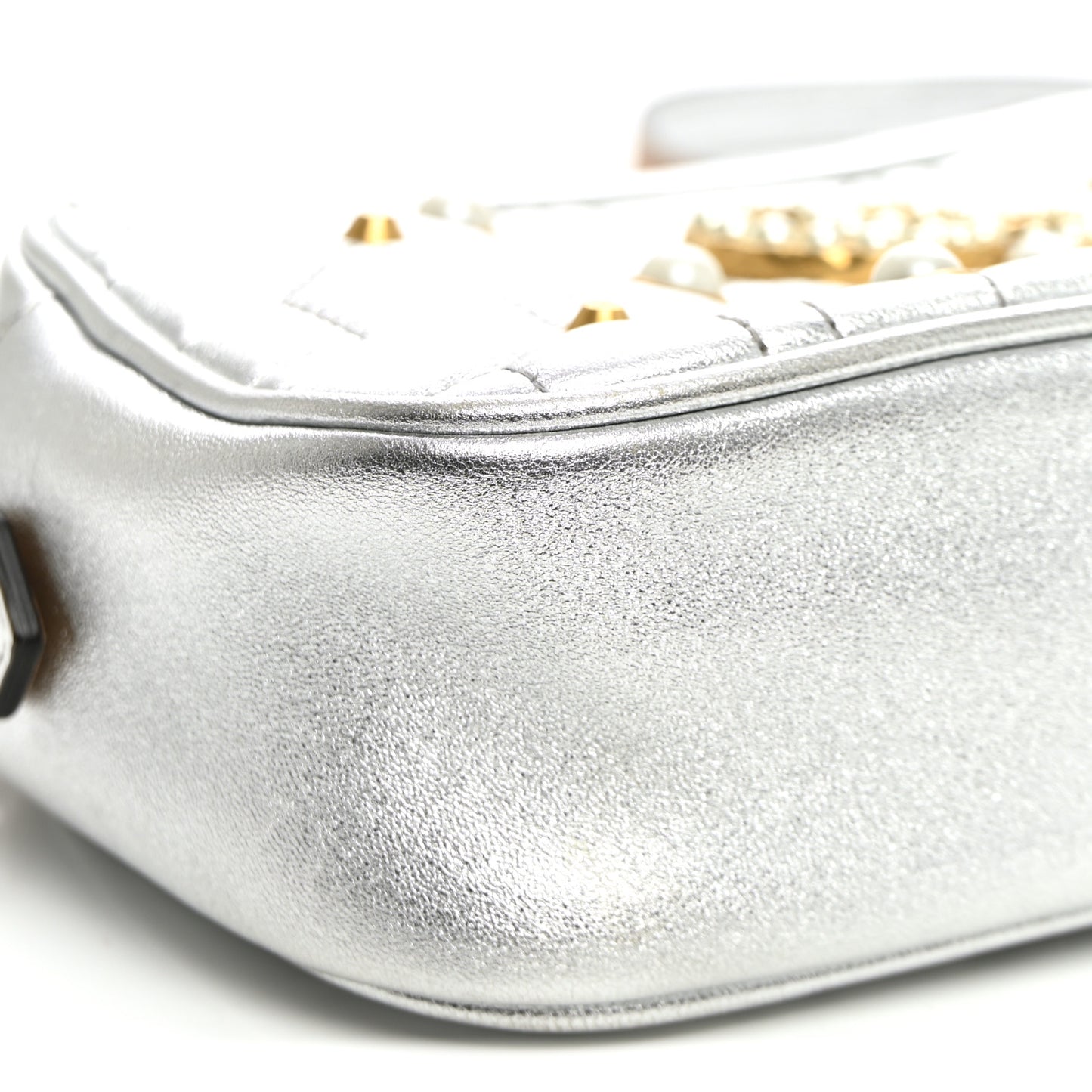 Metallic Calfskin Matelasse Studded Small Pearly GG Marmont Chain Shoulder Bag Silver