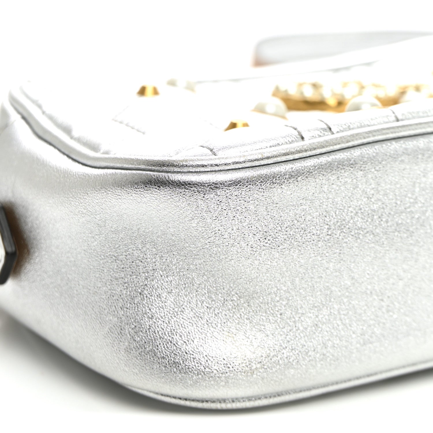 Gucci Metallic Calfskin Matelasse Studded Small Pearly GG Marmont Chain Shoulder Bag Silver 8 of 9