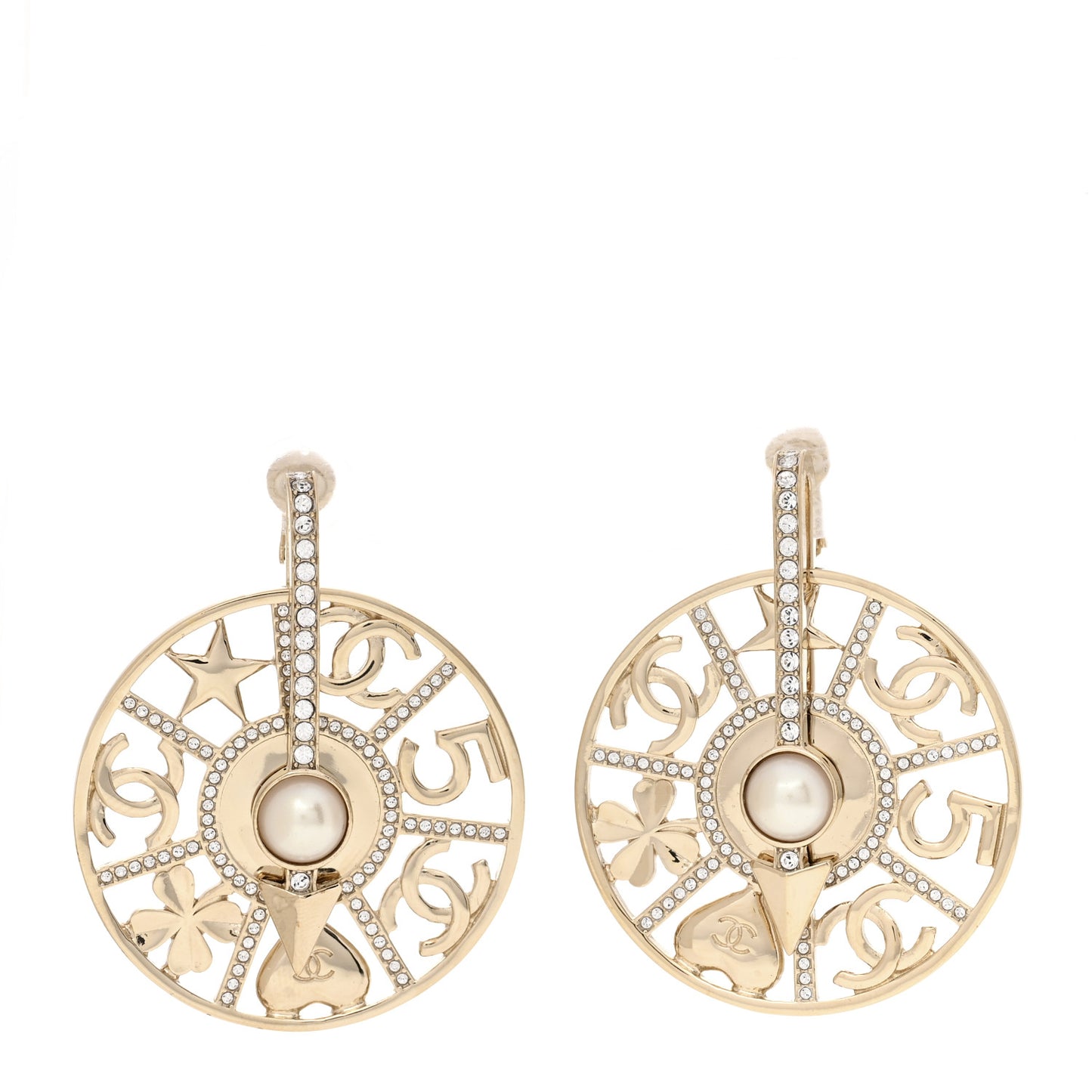 Pearl Crystal Lucky Symbols Round Clip On Earrings Gold Pearly White